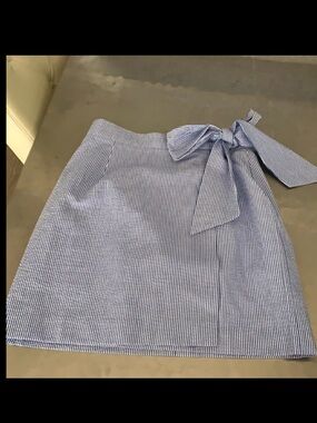 Lauren James Blue and White Seersucker Tie-Detail Mini Skirt